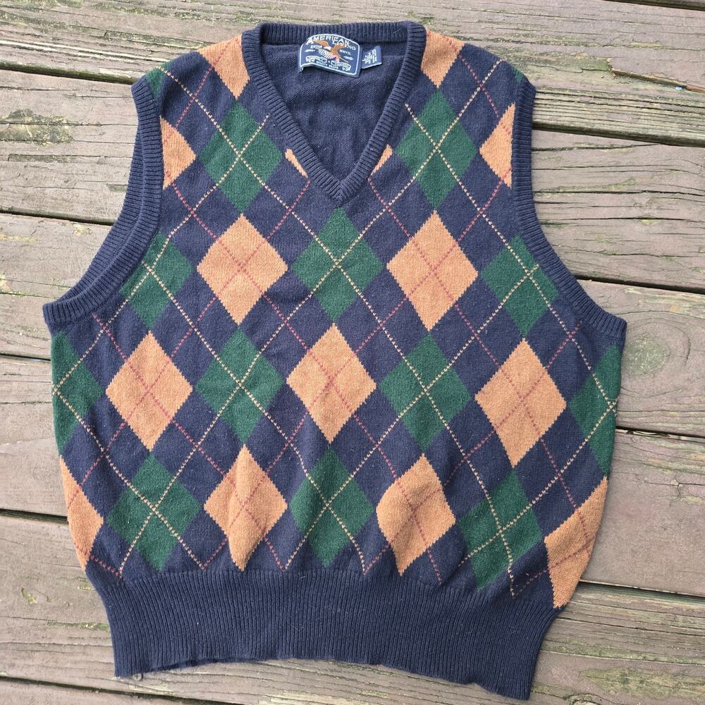 American Living Mens Vtg Y2K Prep Golf Argyle Cotton V Neck Knit Sweater Vest L
